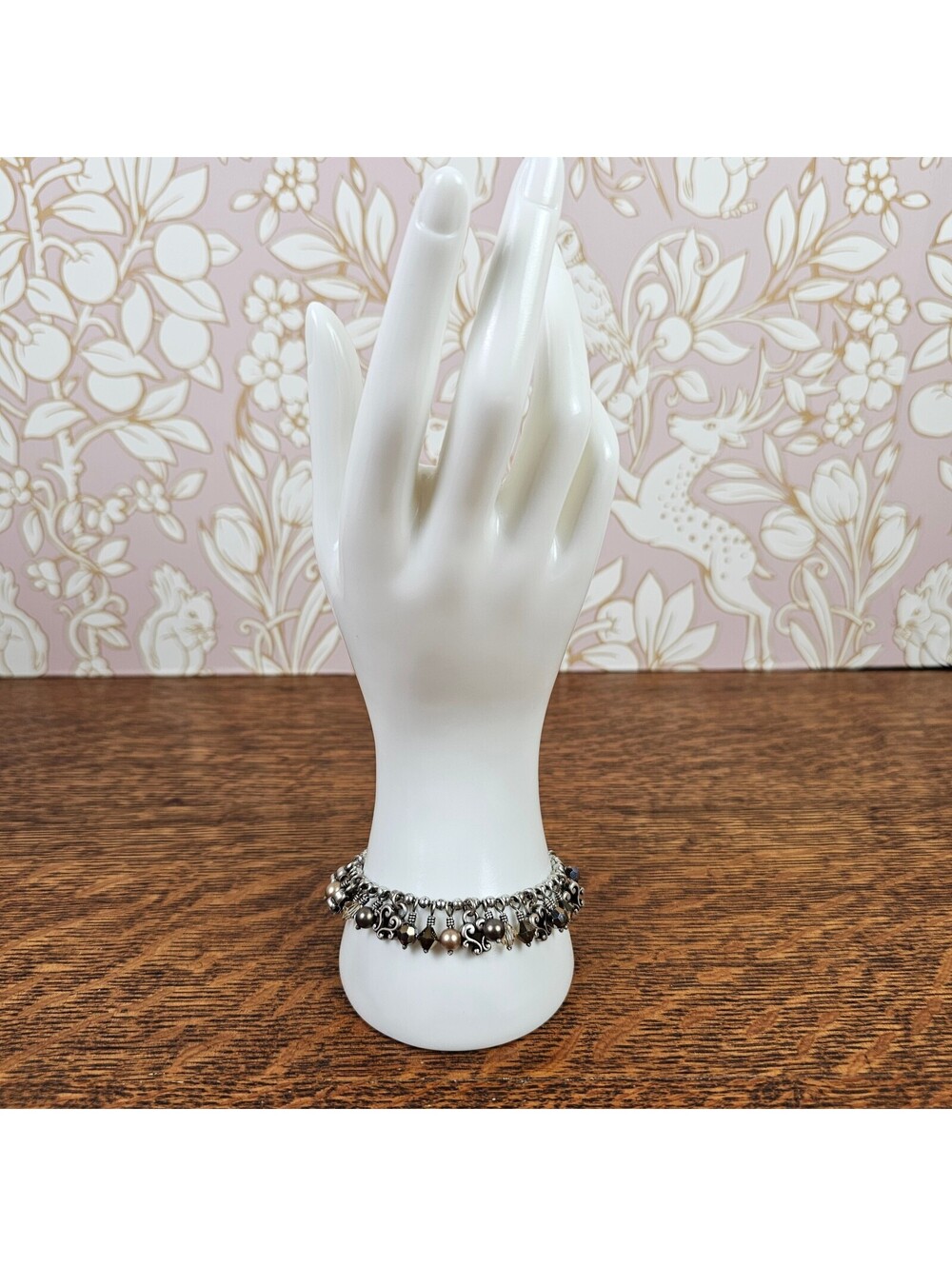 Brighton Silver Tone Charm Bracelet Crystal Pearl Scroll Dangle 7.5 Inch